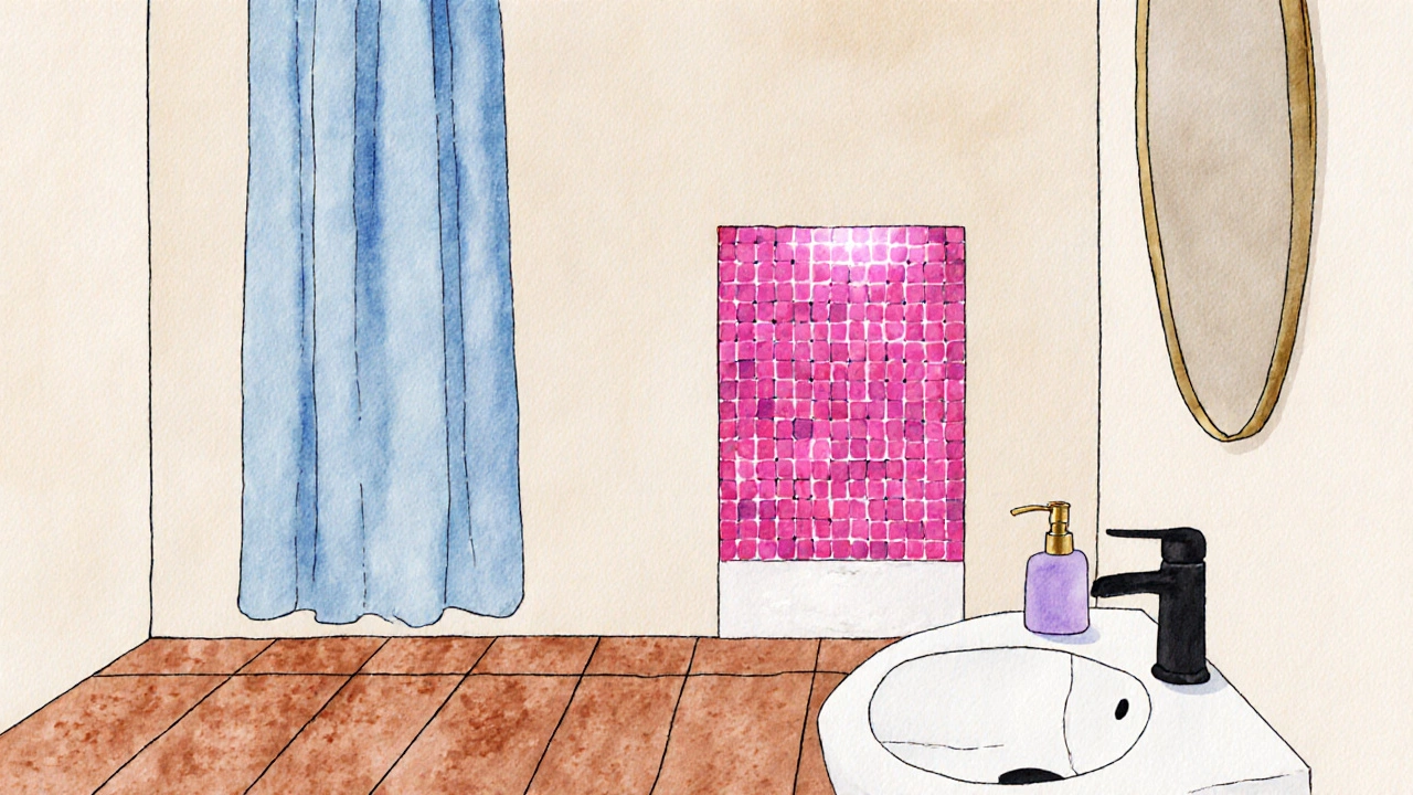 A bathroom showcase featuring terracotta floor tiles, a single magenta accent tile, brushed gold fixtures, and soft blue towels.