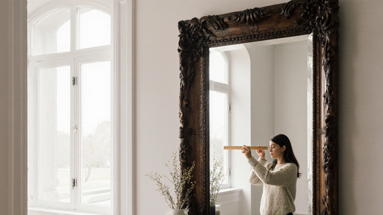 Bright hallway with a large walnut‑framed mirror, a person checking flatness, and natural light.