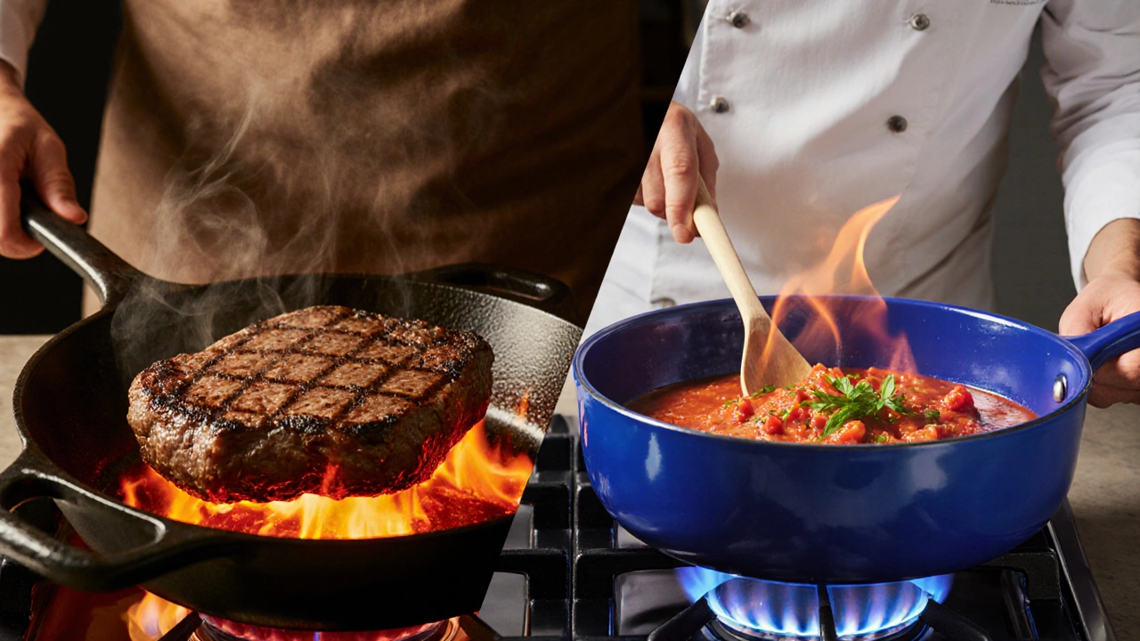 Chef searing steak in a Lodge skillet while simmering sauce in a blue Le Creuset skillet, split‑scene.