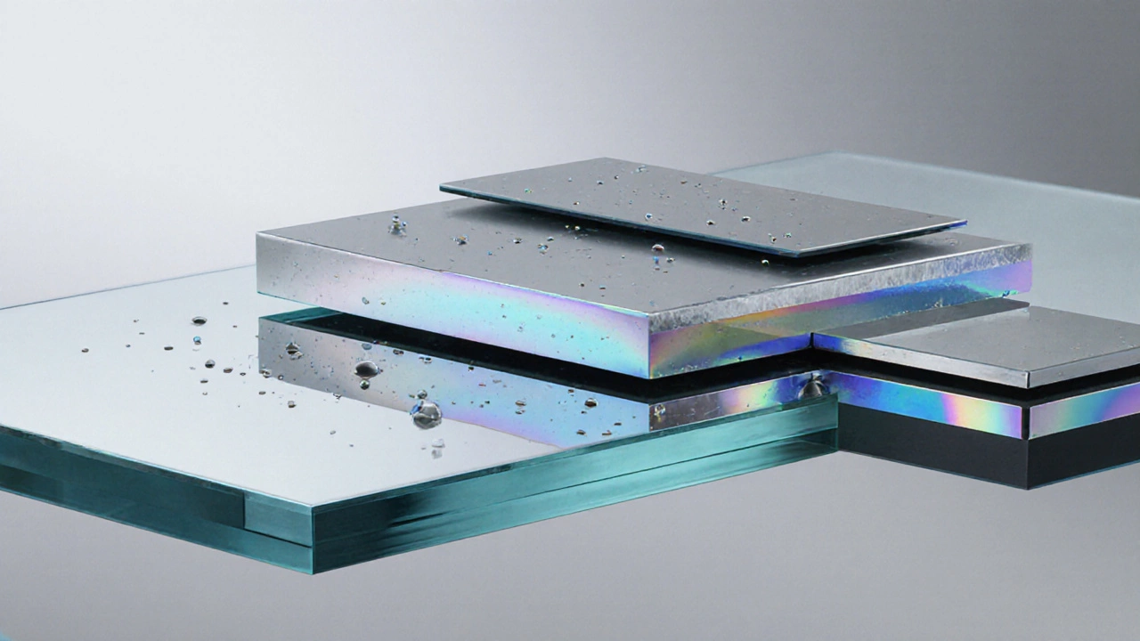 Close‑up cutaway of a thick glass mirror revealing silver, aluminum, and dielectric coating layers.