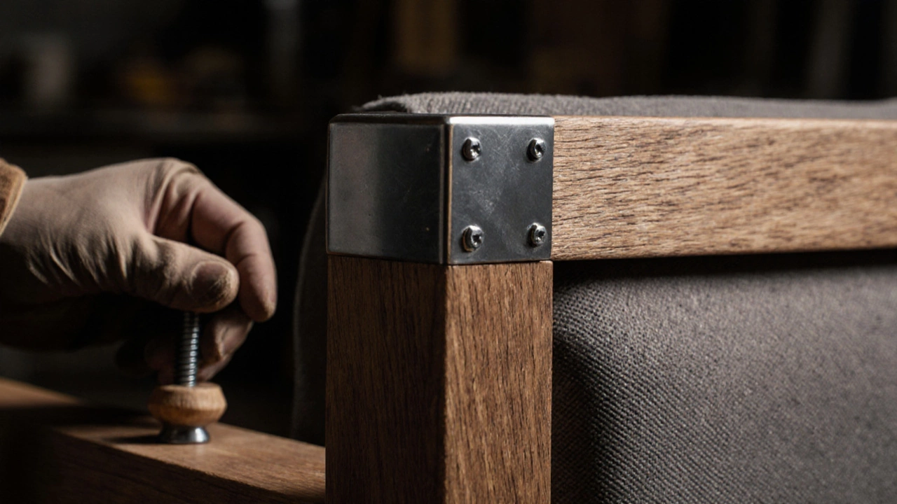 Close‑up of a hardwood mortise‑and‑tenon joint with steel bracket and wooden dowel.