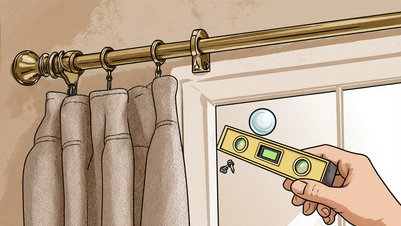 Close‑up of brackets, level, and rod with heavy drape and tools.