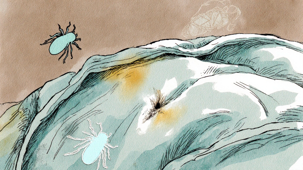 Close‑up of comforter fabric showing pilling, a hole, discoloration, and dust mites.