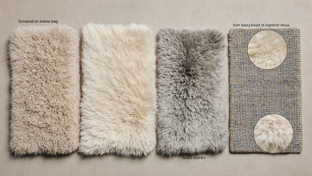 Close‑up of wool, silk, mohair, and nylon rug samples showing texture and weave details.