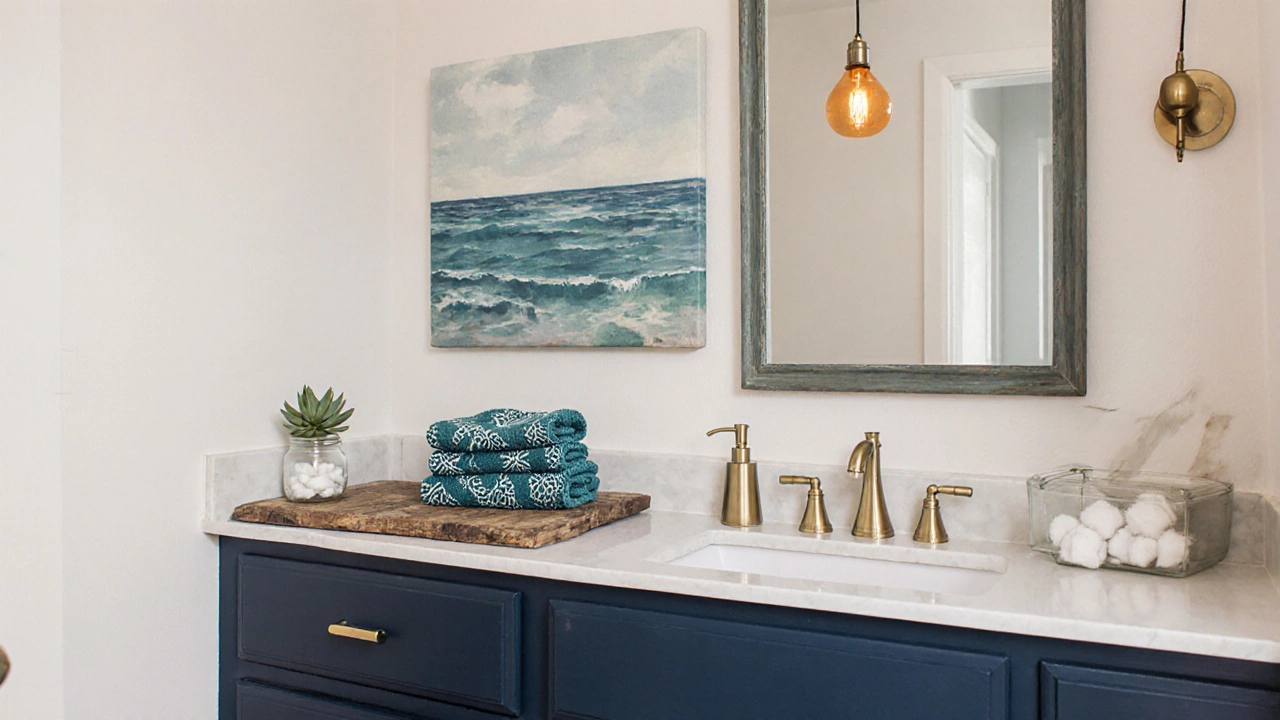Cozy bathroom photo featuring DIY painted vanity, patterned towels, and decor.