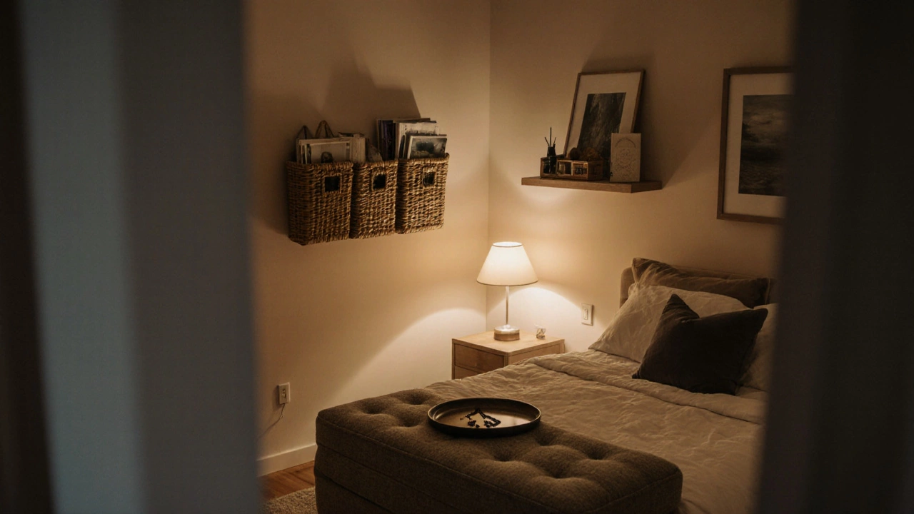 Cozy bedroom at night featuring a storage ottoman, baskets, and wall‑art pockets.