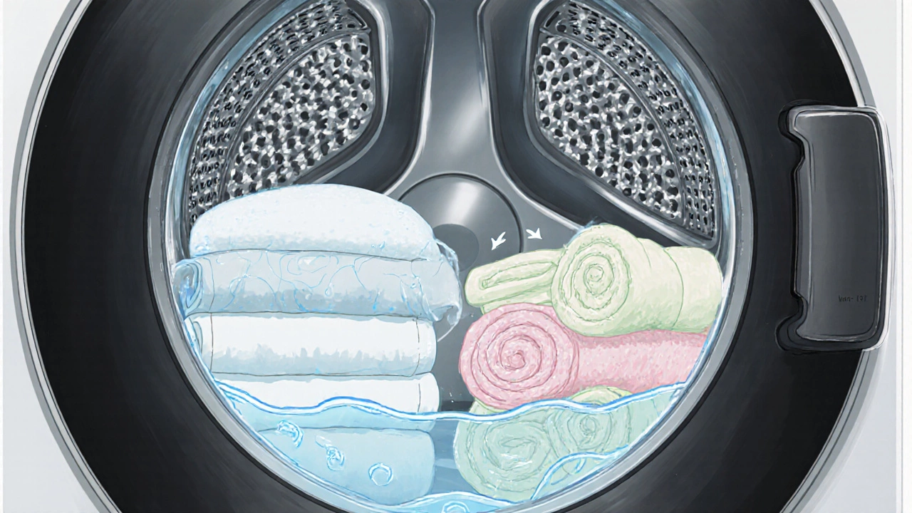 Cutaway view of a washing machine drum with sheets, towels, and temperature settings.