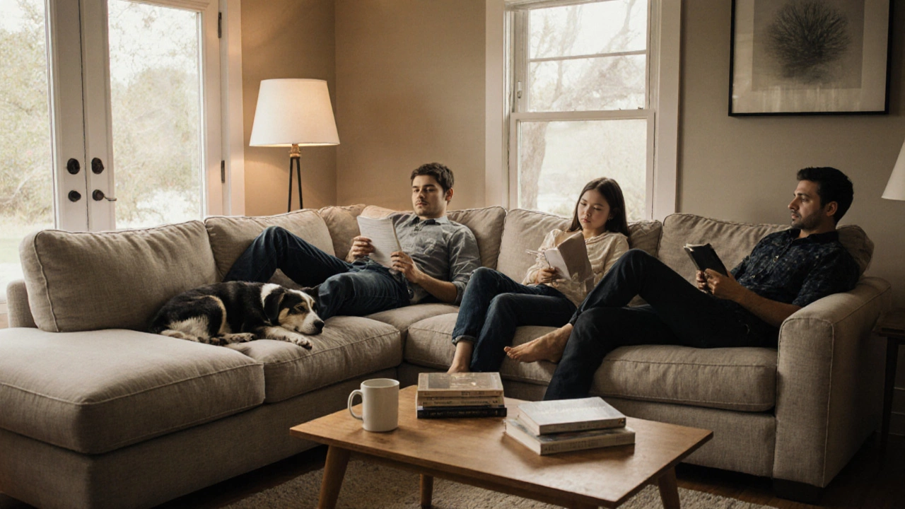 Family lounging on a large sectional with a dog and books, warm home atmosphere.