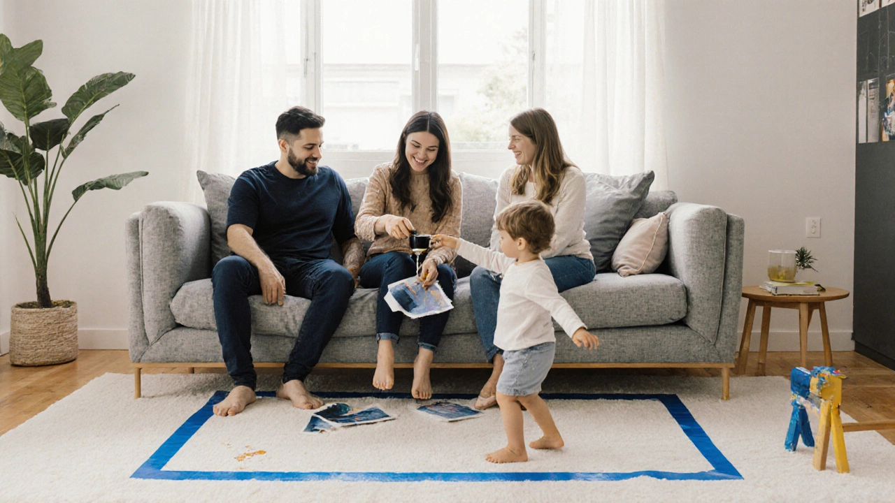 Family testing sofa fabric with coffee spill, painter’s tape marking space in apartment.