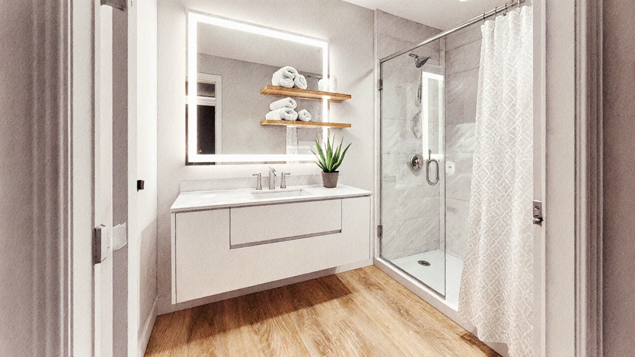 Finished budget bathroom with white vanity, open shelves, LED mirror, LVP floor and aloe plant.