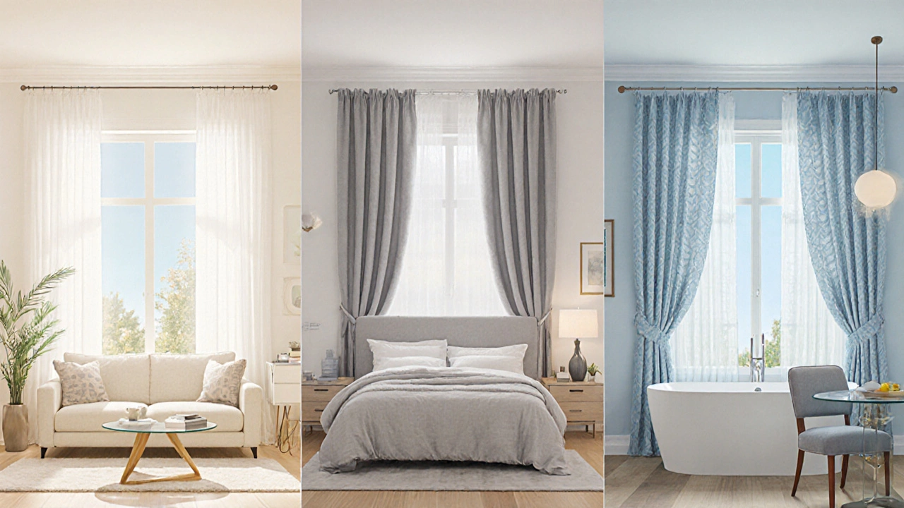 Five rooms each showing a different popular curtain color: white, beige, gray, blue, patterned.