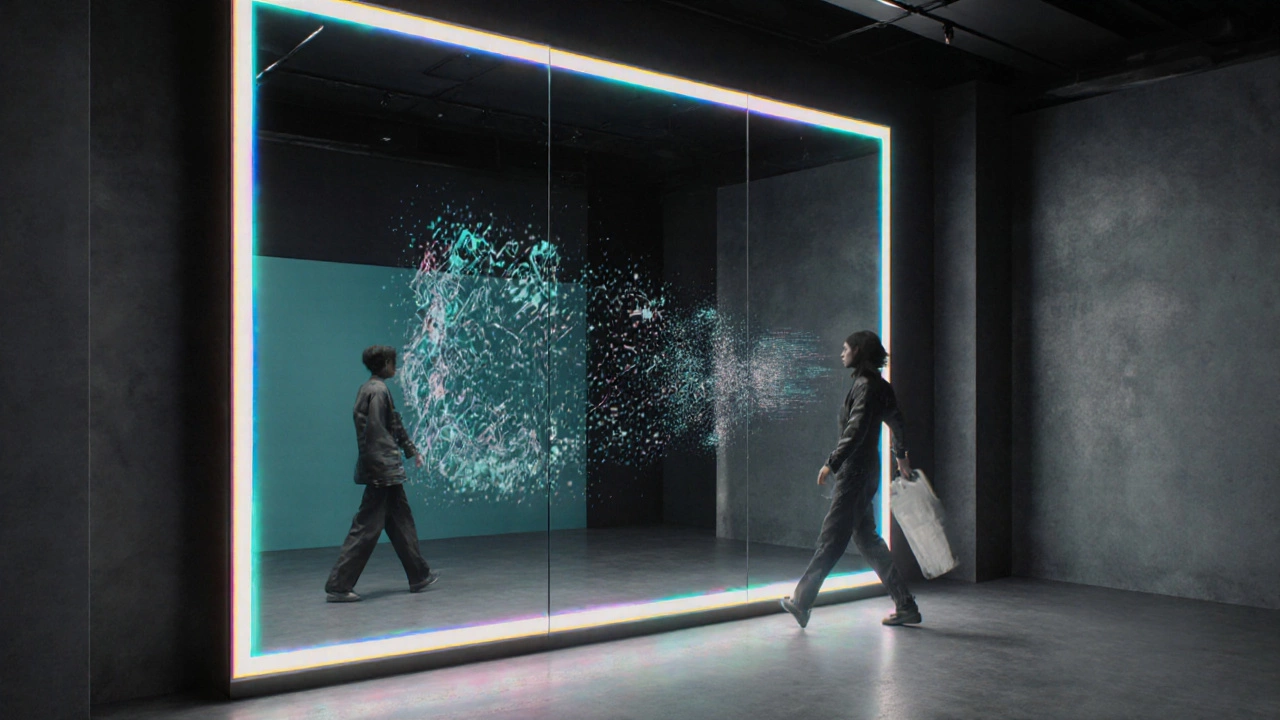 Futuristic boutique with a smart infinity mirror featuring LED lighting and AR graphics.