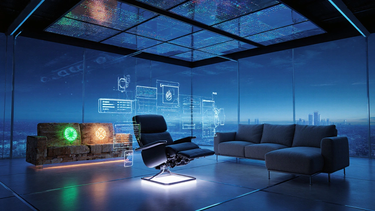 Futuristic showroom featuring a smart recliner, eco‑friendly sofa, and modular sectional.