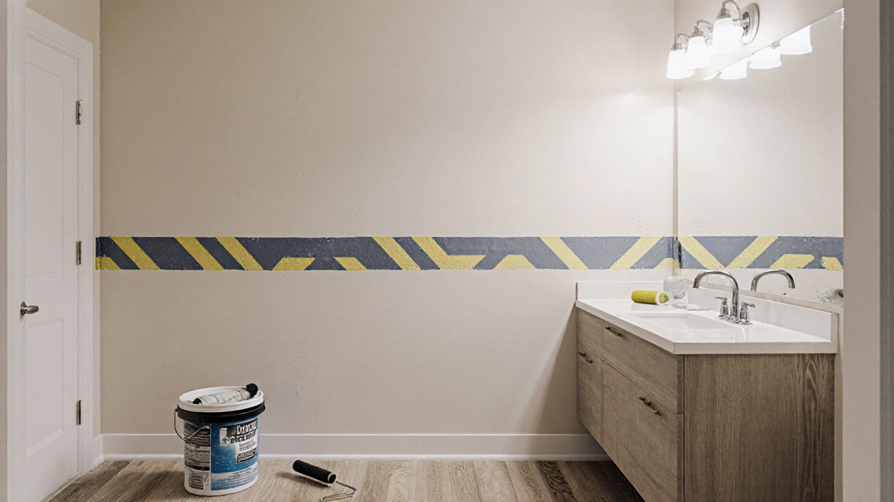Half‑renovated bathroom showing painted wall, geometric stripe, paint tools, and new flooring.
