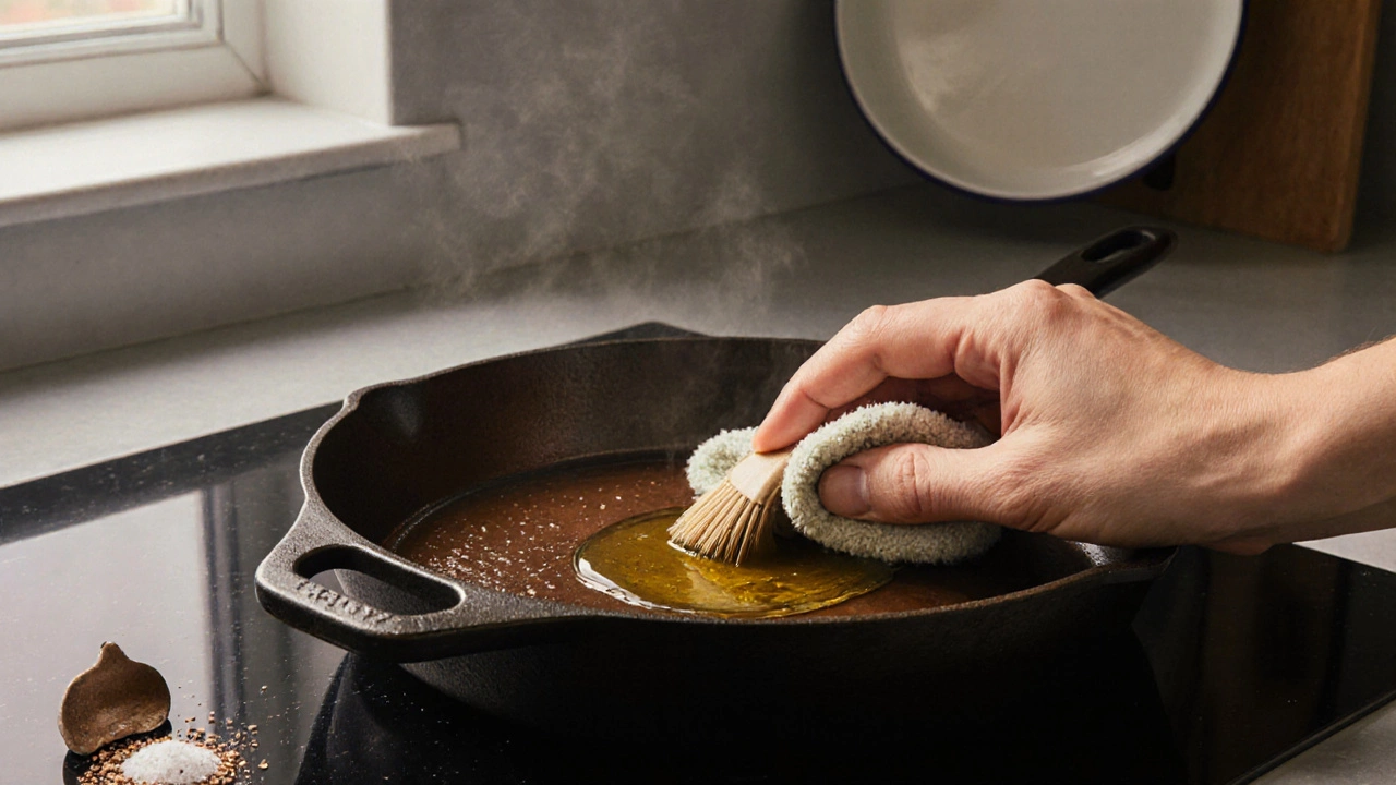 Hand brushing oil and salt onto a cast‑iron skillet on a stovetop, oil‑painting style.