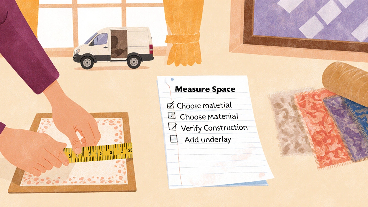 Home office scene with a person measuring floor space and a rug buying checklist.