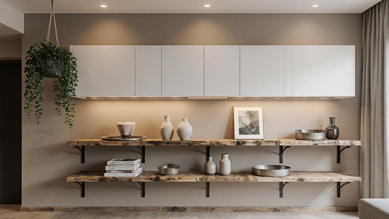 Hybrid wall mixing reclaimed wood open shelves with concealed cabinets, greenery and adjustable brackets.