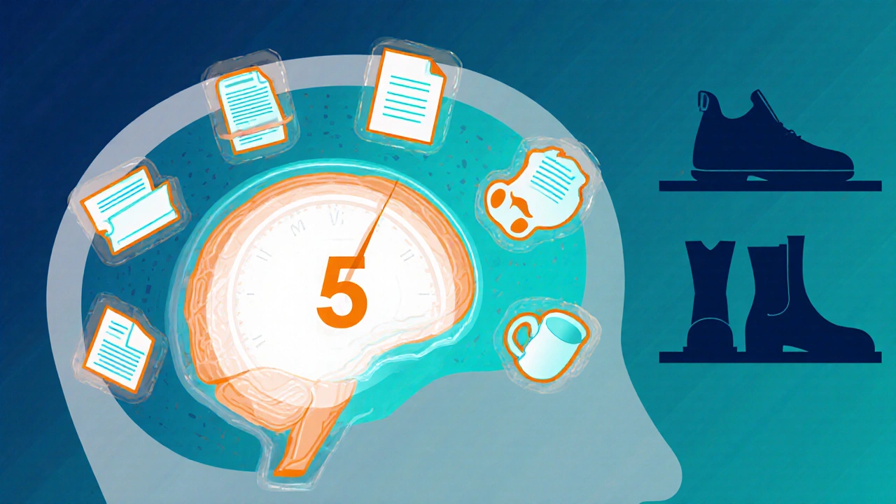 Illustrated brain with a 5‑second timer and fading clutter icons moving toward a shelf.
