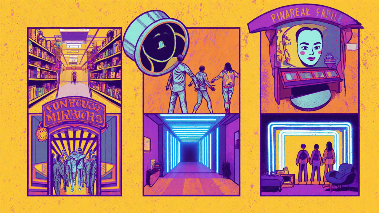 Illustrated catalog showing convex, concave, funhouse, infinity, and two‑way mirrors in use.