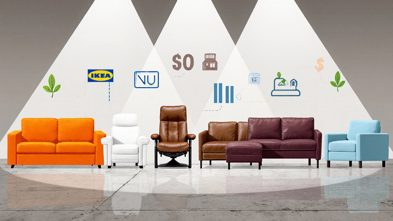 Illustrated showroom line‑up of seven brand sofas in distinct colors and styles.
