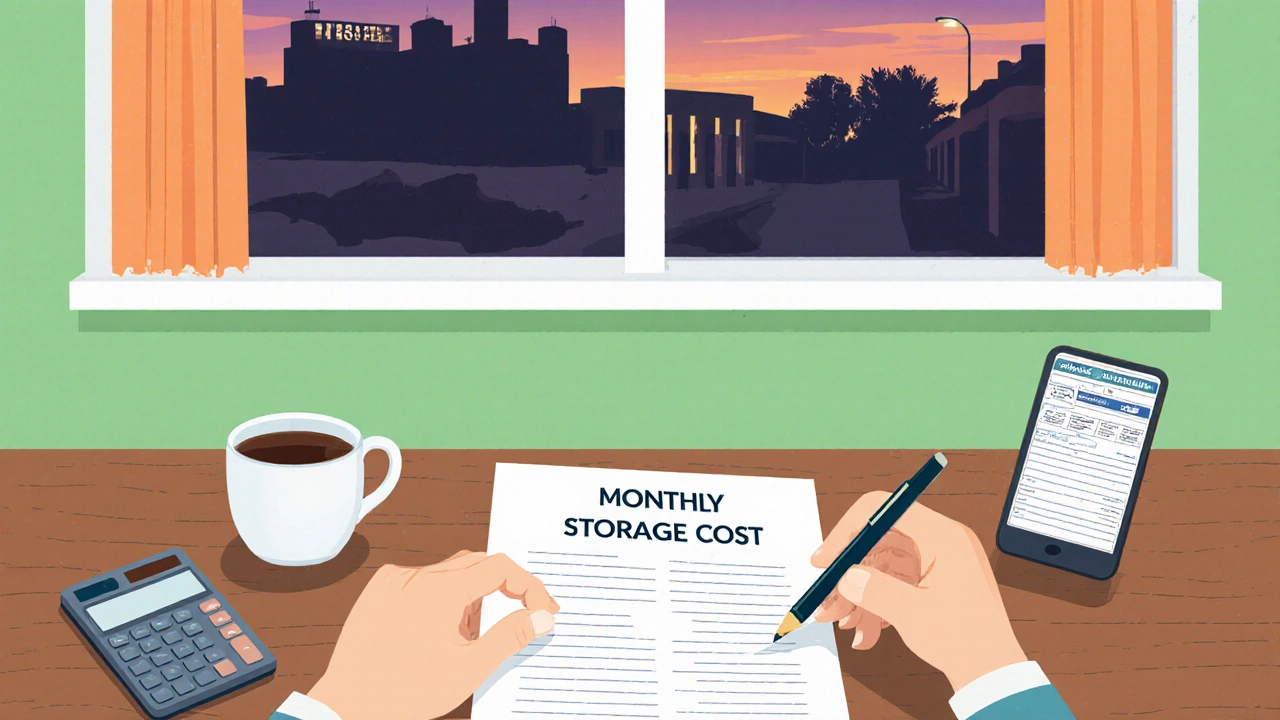 Illustration of a person calculating monthly storage costs at a table with a contract and storage facility visible outside.