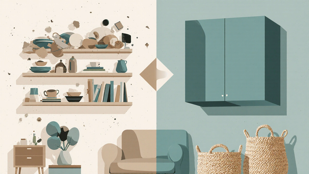 Illustration showing cluttered open shelves beside sleek floating cabinets and textured baskets.