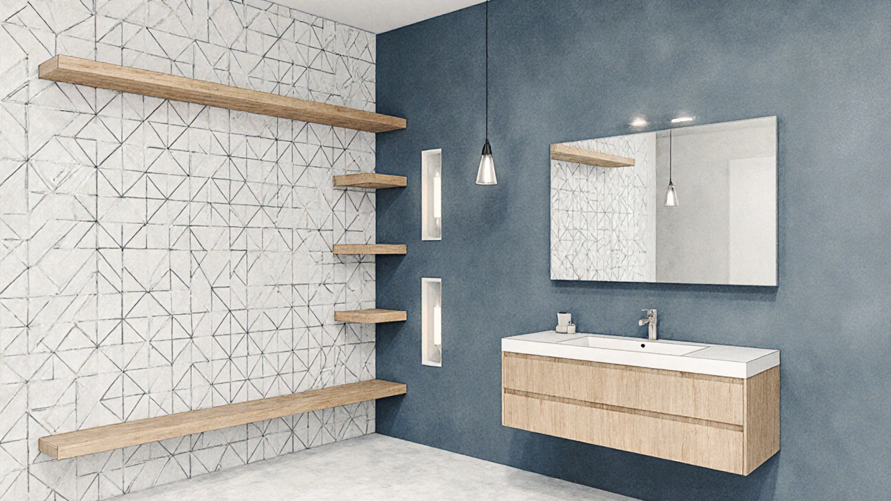 Illustration showing triangular tiles, floating shelves, and a corner vanity in a triangle bathroom.