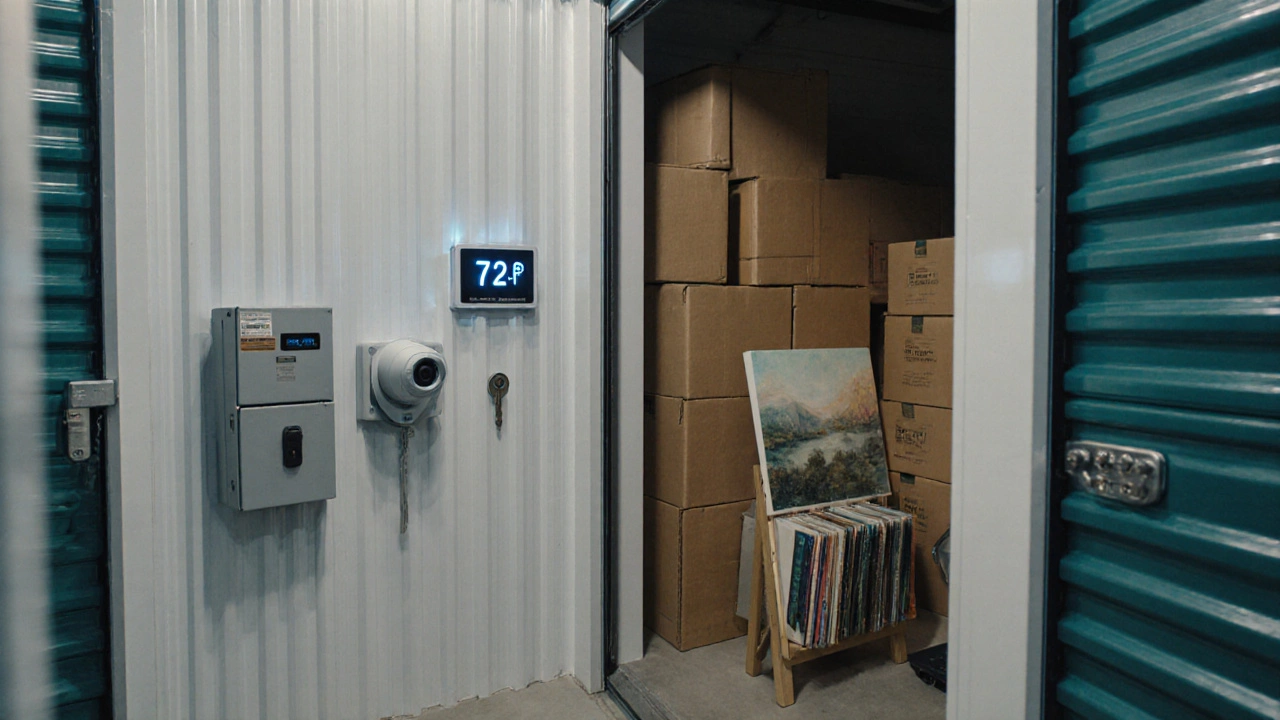 Interior of a climate‑controlled storage unit showing temperature gauge, humidity readout, security camera and stored items.