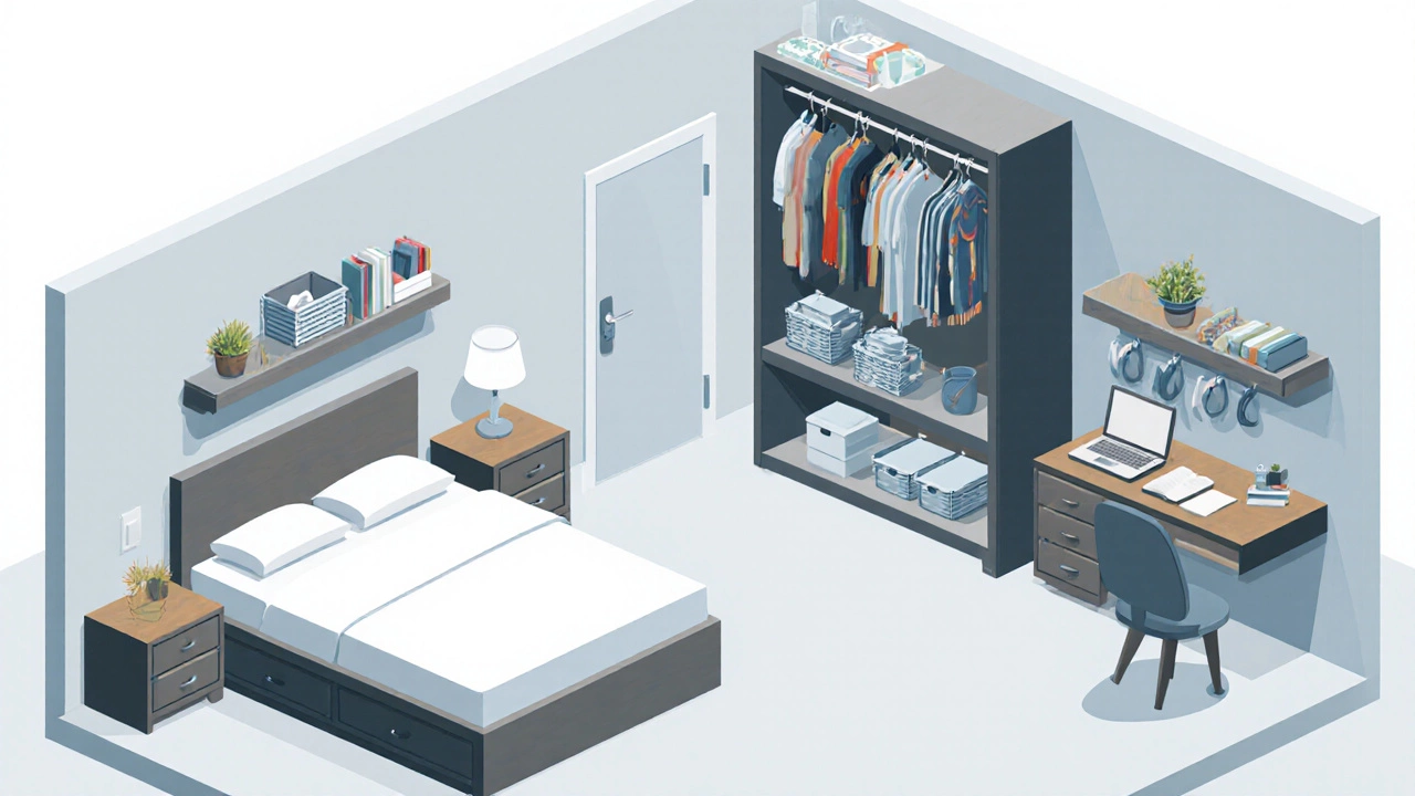 Isometric illustration showing sleep, dressing, and work zones with built‑in storage.