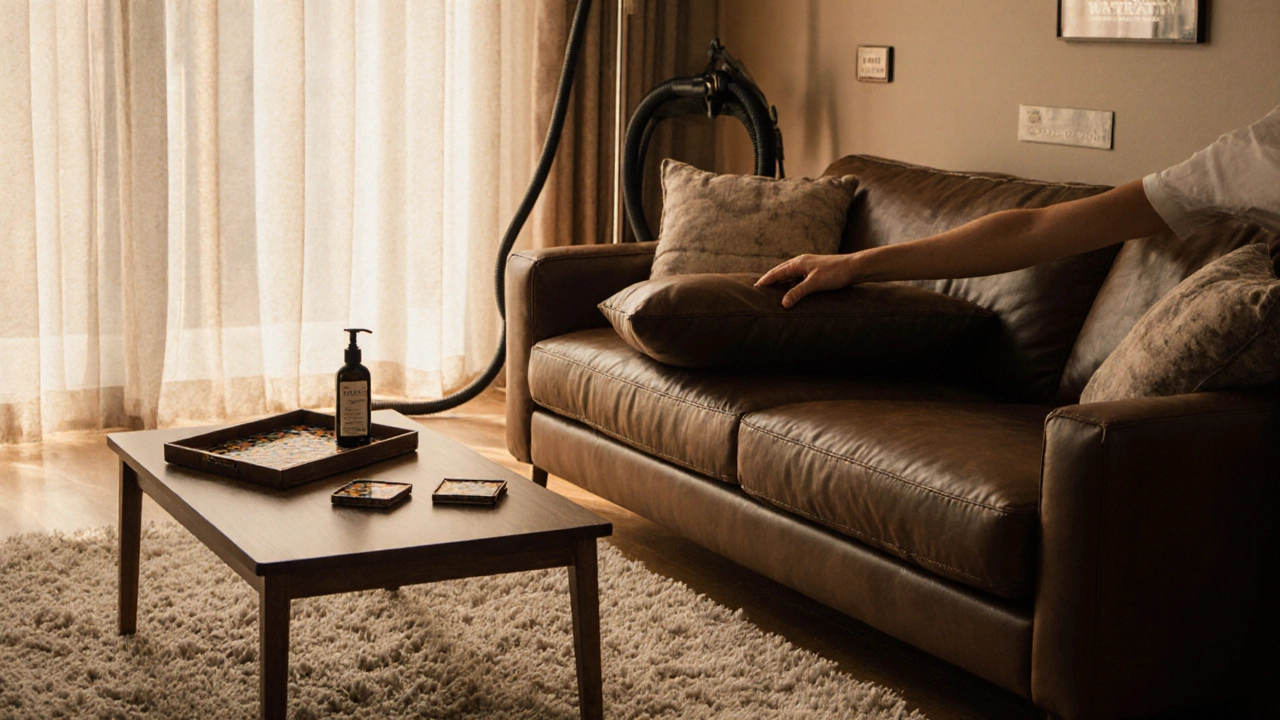 Living room with a leather sofa, person rotating a cushion, and care items nearby.
