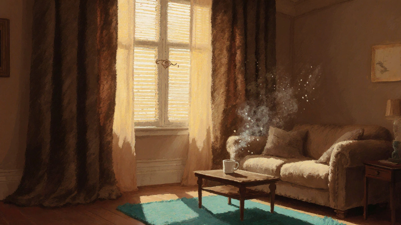 Living room with layered sheer curtains over light‑filtering blinds, showing warm decor.