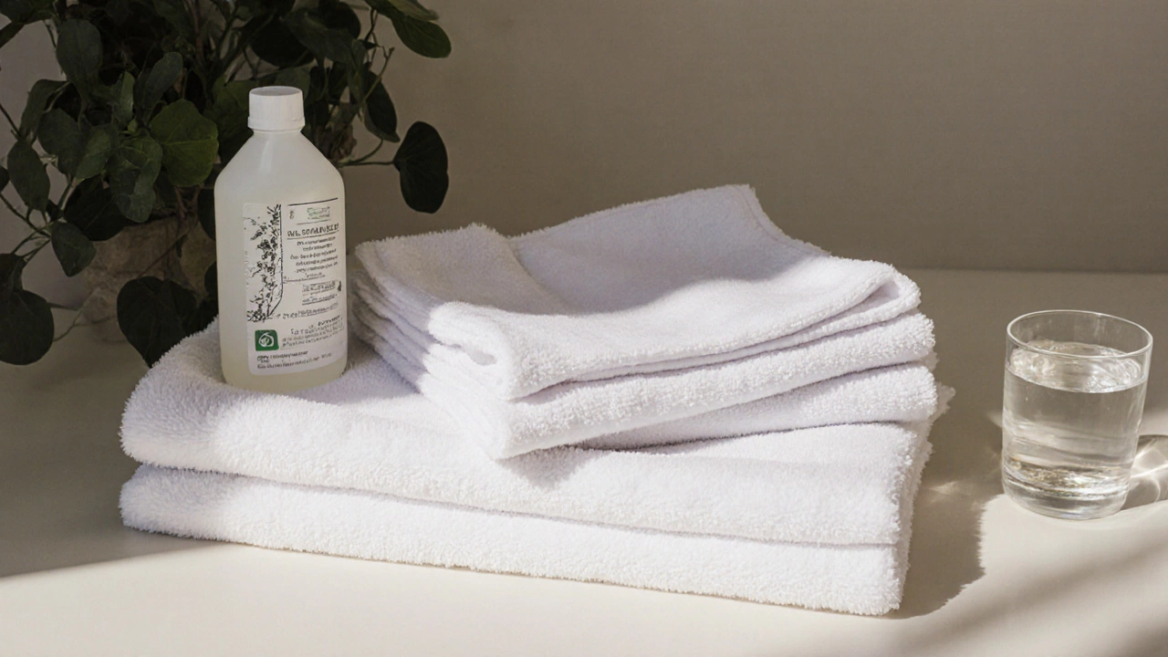 Neatly folded clean sheets and towels with detergent bottle on a countertop.