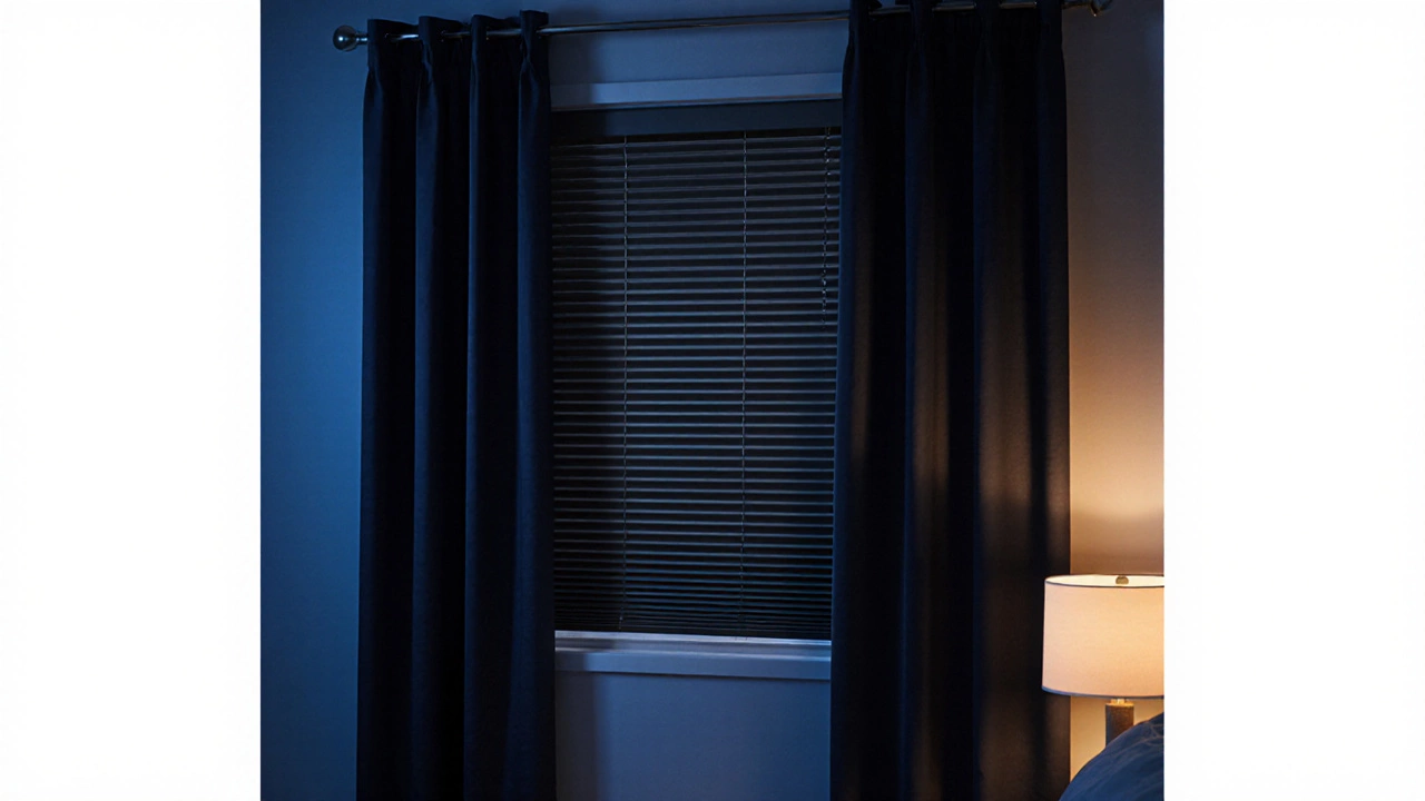 Nighttime view of a window with closed blinds and heavy blackout curtains, highlighting cozy ambience.