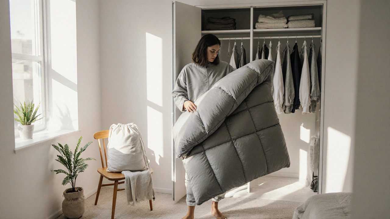 Person choosing new down and synthetic comforters, with a storage bag and plant.