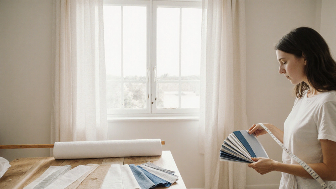 Person measuring a window with tape while holding fabric swatches for curtain choices.