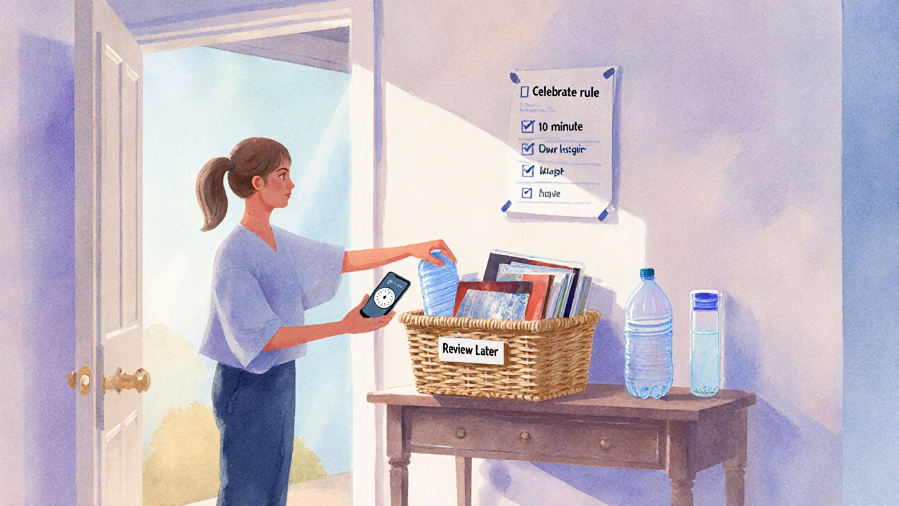 Person places items into a &quot;Review Later&quot; basket with a timer visible, in a pastel hallway.