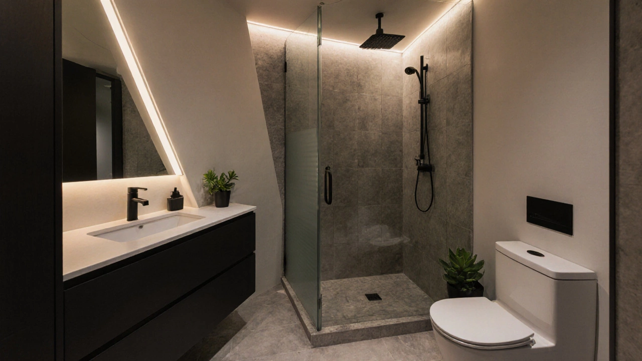 Photograph of a small triangular bathroom with black vanity, glass shower, and warm LED lighting.