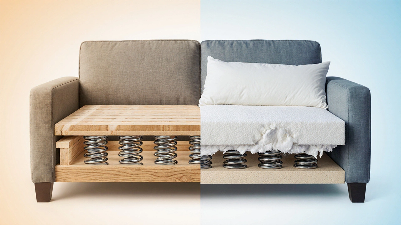 Side-by-side comparison of high-quality couch frame versus cheap broken frame inside.