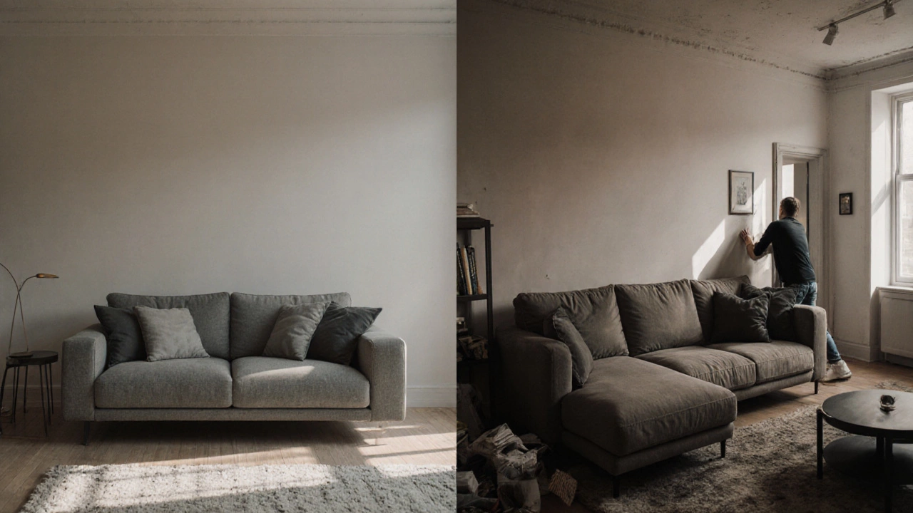 Split image: sleek couch in open space vs. bulky sectional blocking a doorway.