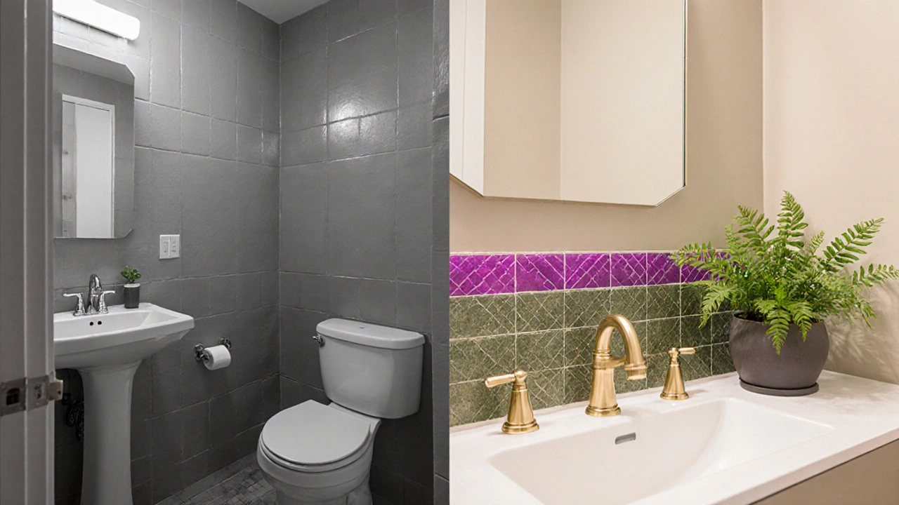 Split view of a bathroom before and after updates: paint change to warm neutral, new matte peel‑and‑stick tiles, gold hardware, and a potted fern.