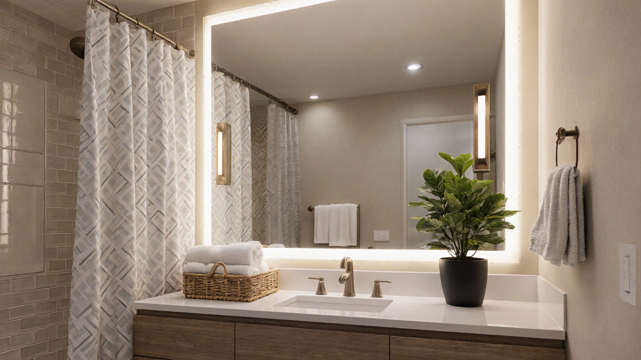 Styled bathroom illustration with tiled walls, layered LED lighting, and a plant.