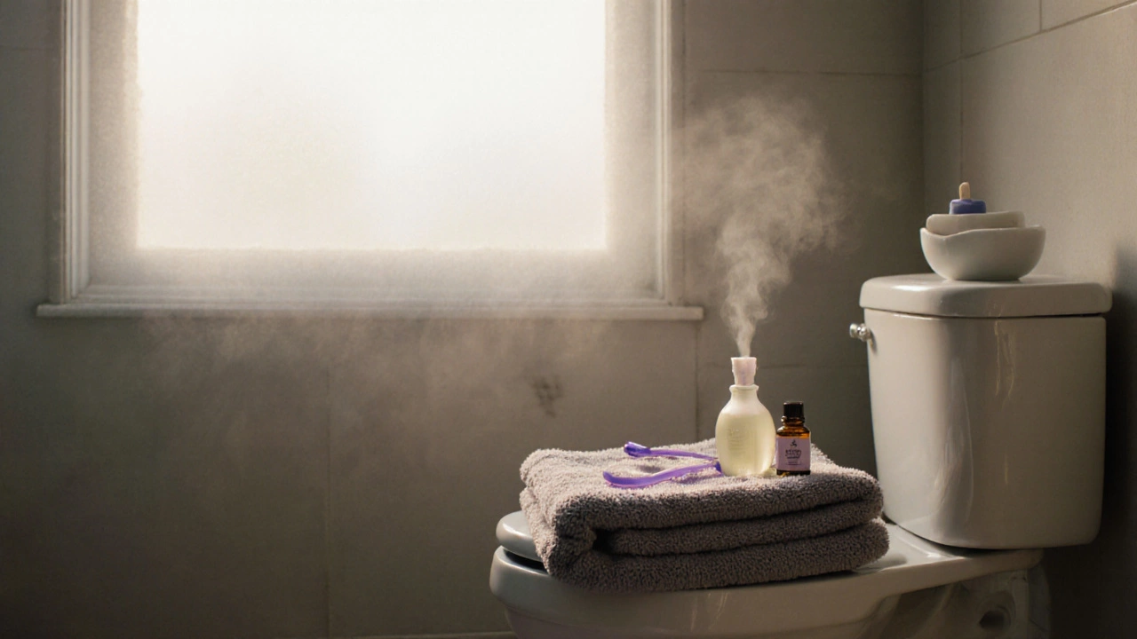 A quiet bathroom at dawn with a weighted towel on the toilet lid and a diffuser releasing gentle mist.