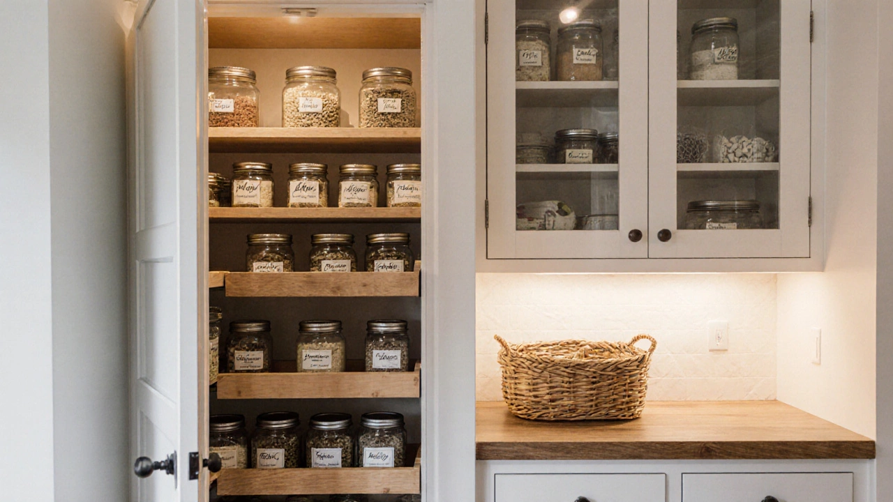 Built-in pantry with pull-out wooden shelves and labeled jars, softly lit and neatly arranged.