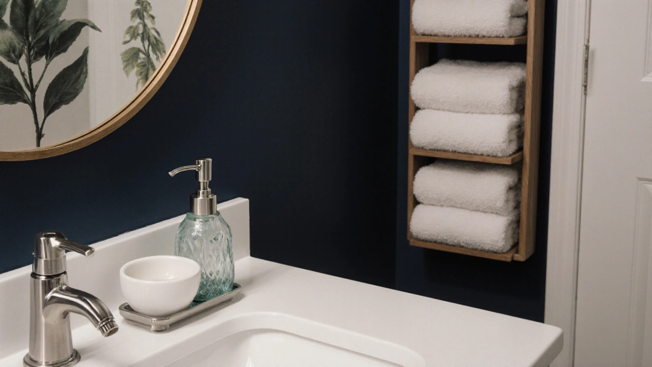 Ceramic soap dispenser and toothbrush holder on white counter with navy accent wall and botanical art.