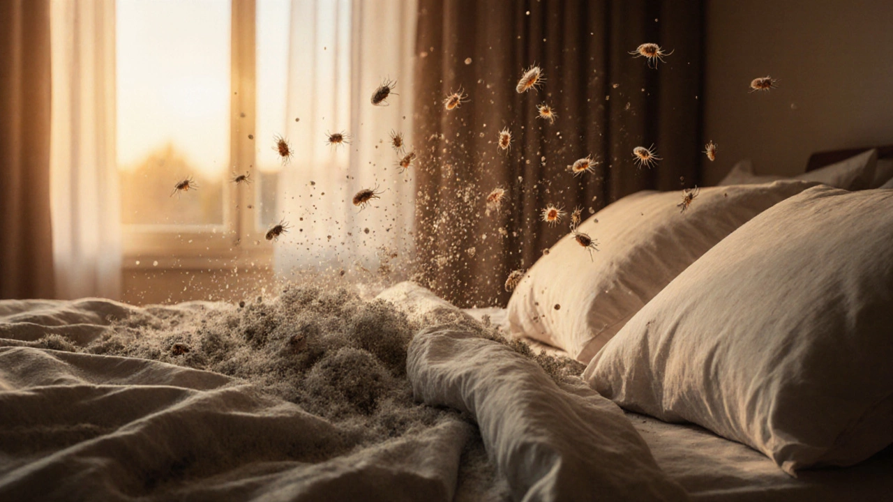 Close-up of dirty, grayish bedding with invisible allergens floating in the air above it.