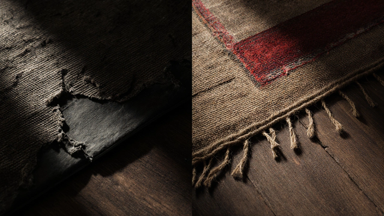 Comparison of cheap rubber-backed rug versus high-quality jute-backed handwoven rug.