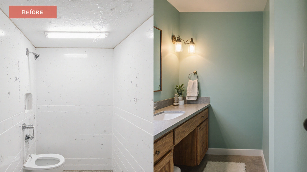 Contrast between a cold white bathroom and a calming blue-green one with warm lighting.