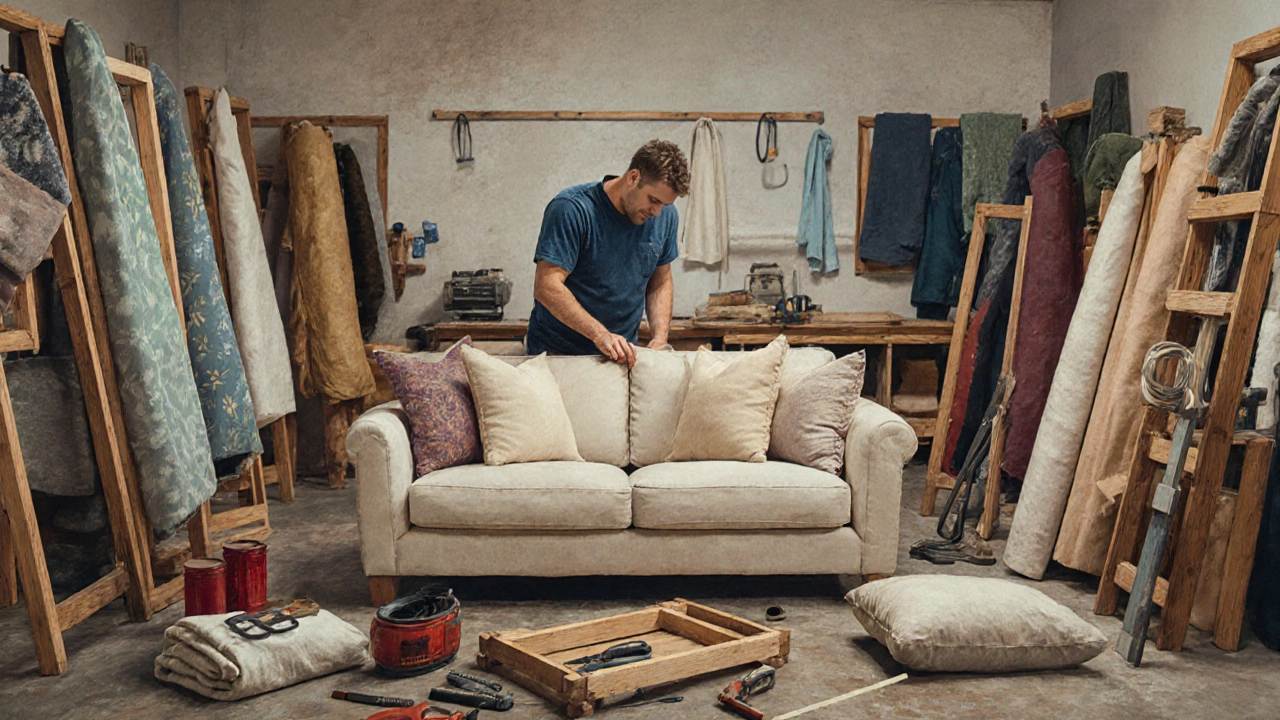 Craftsman reupholstering a high-end sofa with premium fabric in a workshop.