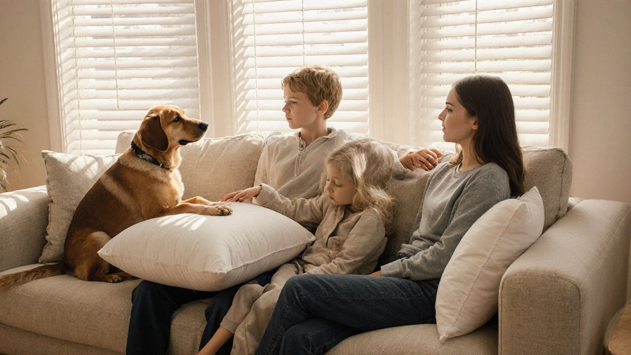 Family relaxing on a sofa with plush hybrid cushions, dog resting nearby, sunlight through blinds.