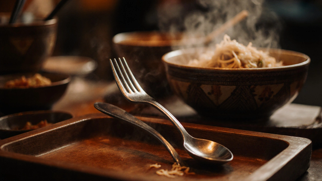 Fork and spoon used together in a Thai street food setting, steam rising from a bowl.